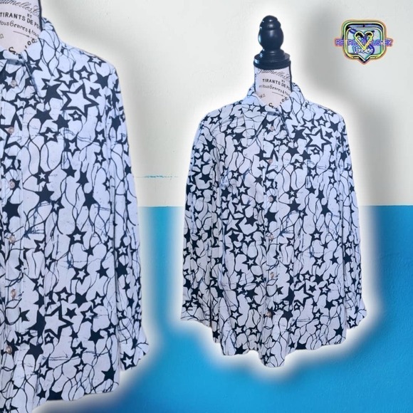 Vintage 70s Funky Blue Star Collared Button Up Shirt, Large - Picture 6 of 8